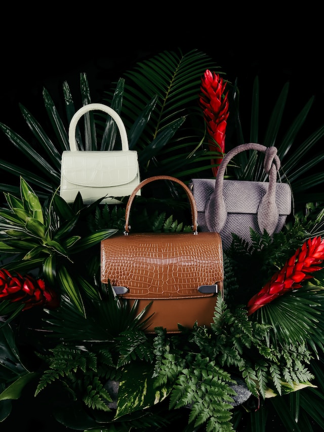 fashion, style, brown backgrounds, vegetation, plant, bag, handbag, accessory, accessories, tree images & pictures, HD green wallpapers, purse, HD purple wallpapers, blossom, flower images, HD wallpapers