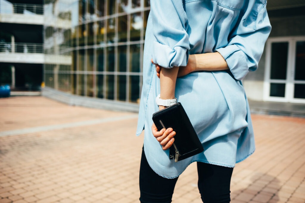 clutch bag, adult, back, black, bag, beauty, black color, blue, casual clothing, city