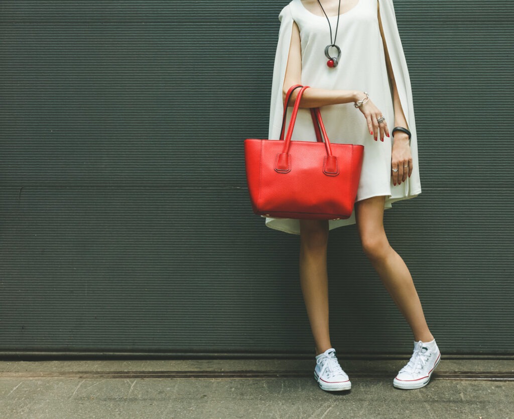 fashion, women, purse, bag, sports shoe, red, dress, white color, white people, personal accessory